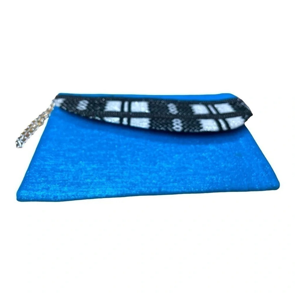 Blue Envelope Clutch Purse Black & Silver Geometric Pattern Fabric Wristlet